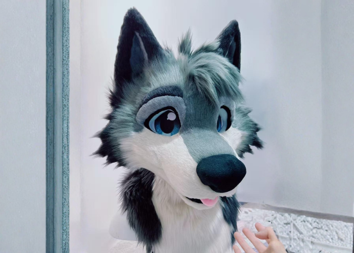 Custom grey wolf fursuit head with blue toony eyes made by Fursuit Mania
