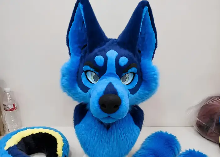 Custom blue wolf fursuit head commission with paws and tail by Fursuit Mania