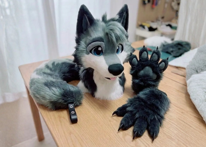Handmade wolf fursuit partial with paws and tail in a maker workshop
